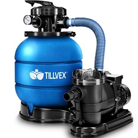 tillvex Sandfilteranlage 10 m³/h - Filteranlage 5-Wege Ventil | Poolfilter mit Druckanzeige | Sandfilter für Pool und Schwimmbecken (Blau)  